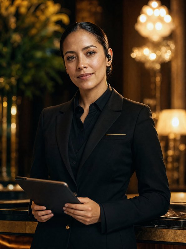 La concierge de COPS con auricular y tablet en el lobby