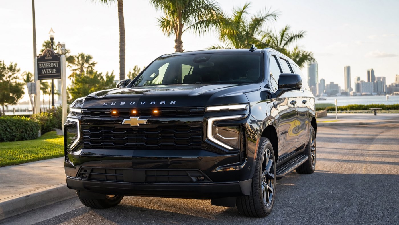 Chevrolet Suburban 2026 negra de frente, de d&iacute;a, con las luces de escolta encendidas