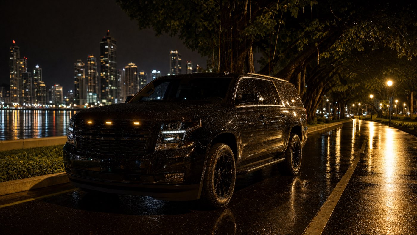 Tahoe negra con luces de escolta en Avenida Balboa bajo la lluvia